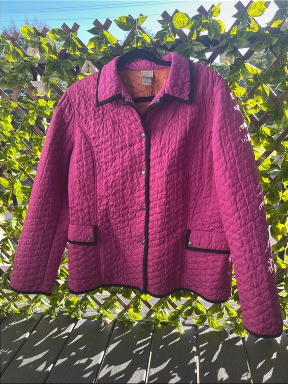 vtg Sigrid Olsen XL Quilted Magenta Jacket with Black Trim